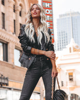 Lenny Pocketed Faux Leather Blazer - Black Ins Street